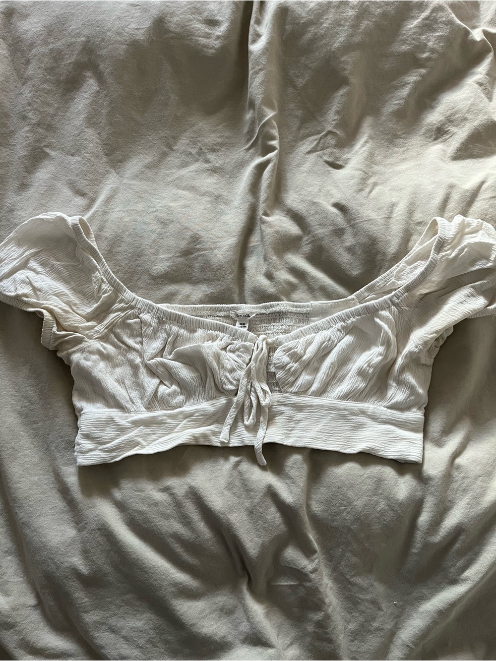 Garage White Off-Shoulder Cropped Tie-Front Top